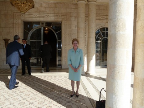 jane-in-front-of-the-palace President Jane McAuliffe at the entrance to the king